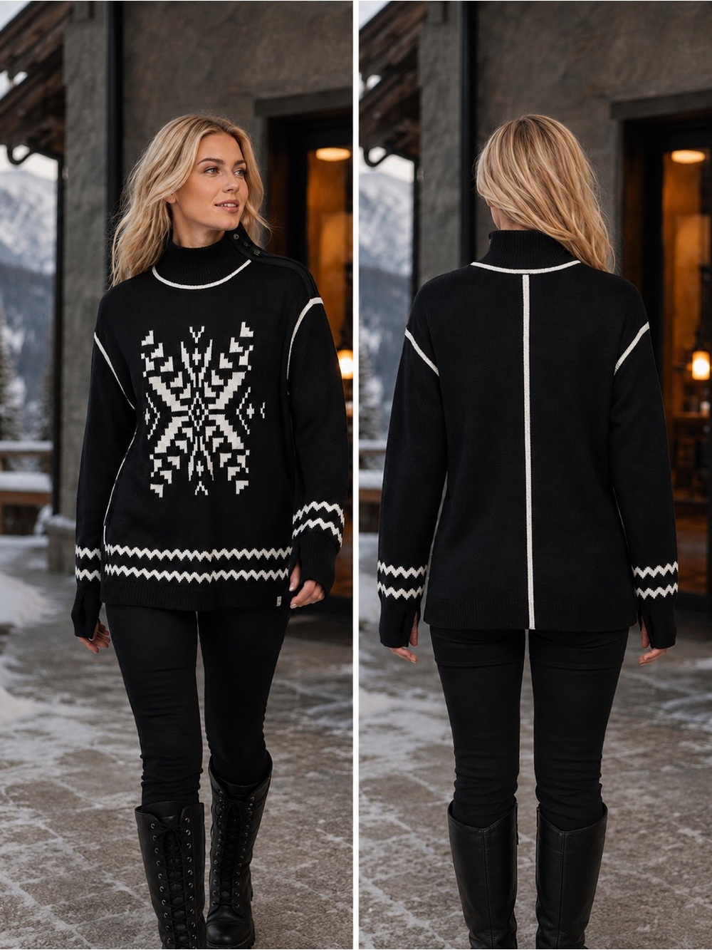 T by Talbots Nordic Snowflake Black Ivory Mock Neck Zip Sweater Thumbholes M
